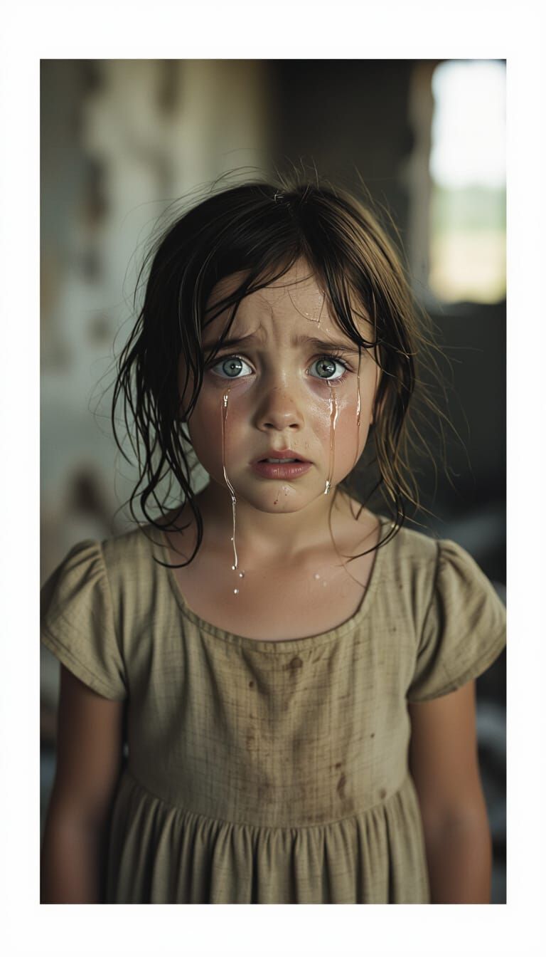 Little Girl's Fearful Gaze in War-Torn Landscape