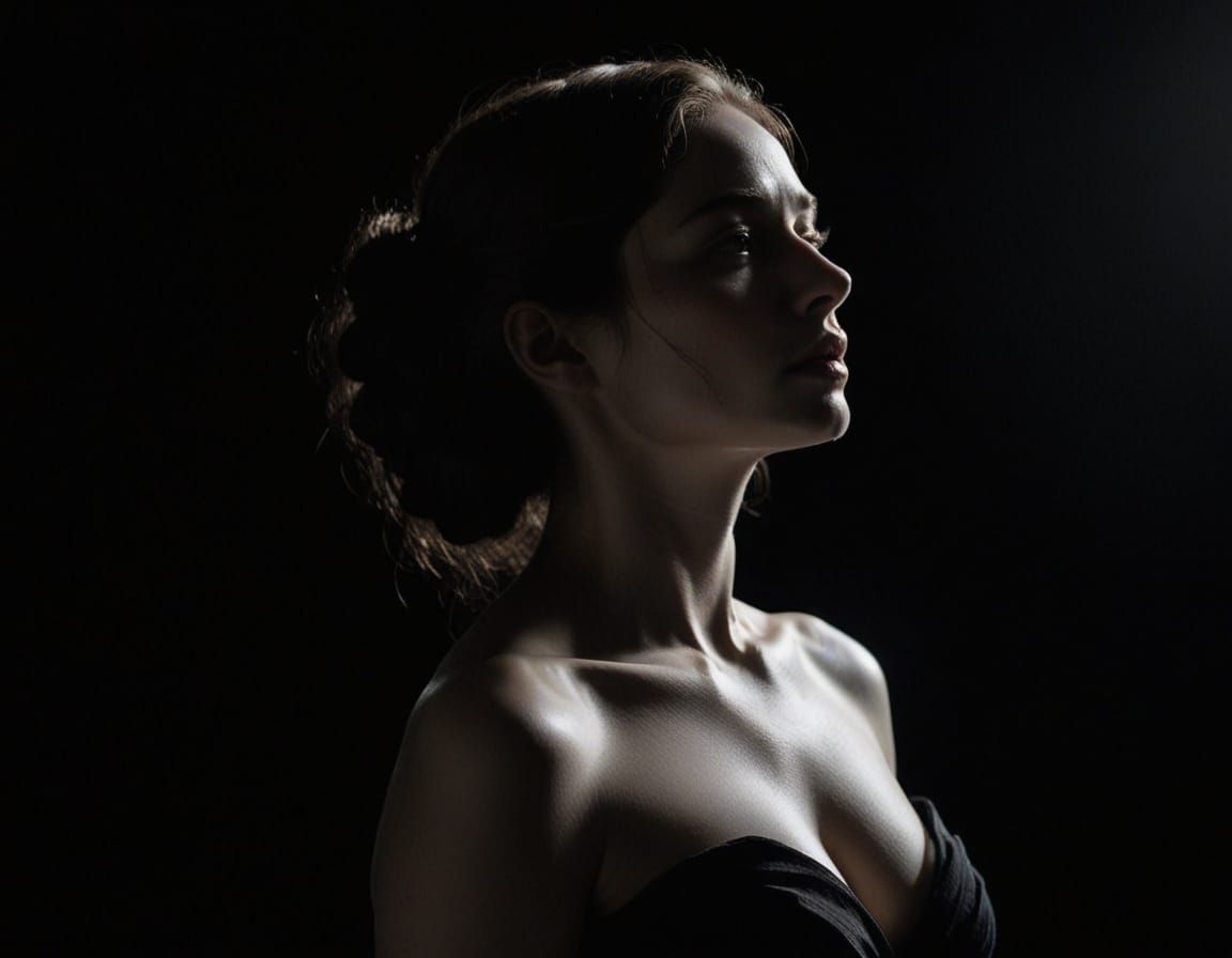 Dramatic Chiaroscuro Study of a Woman Emerging from Darkness