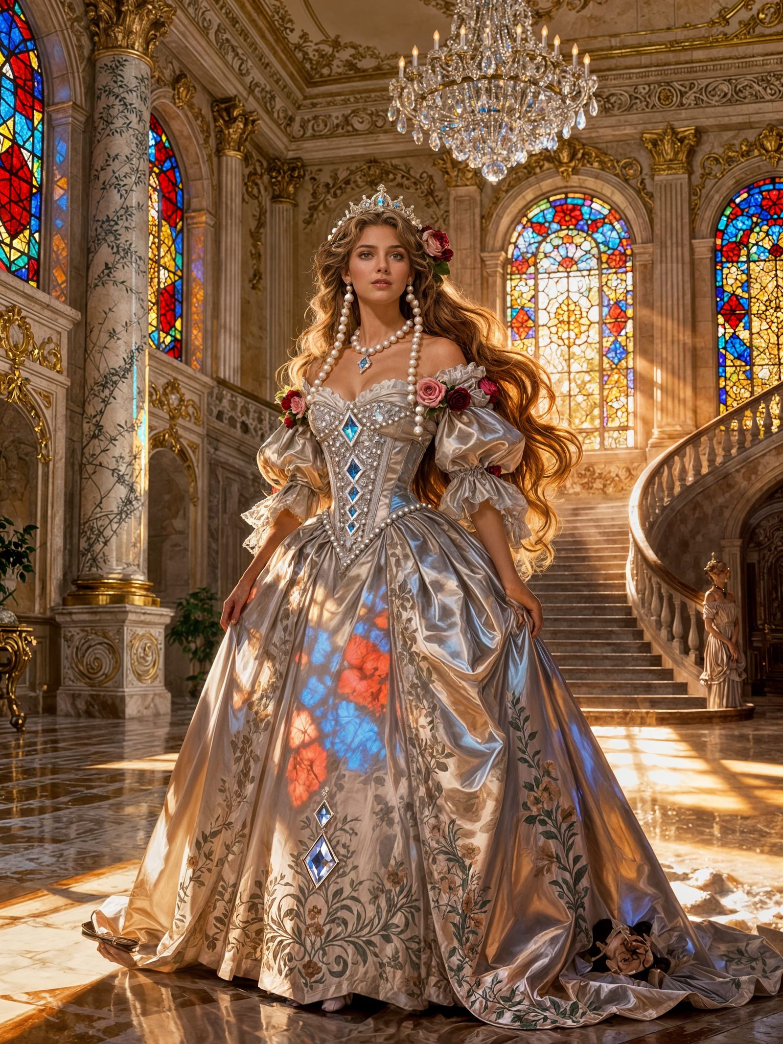 Baroque Lady Portrait in Stained Glass Sunlight