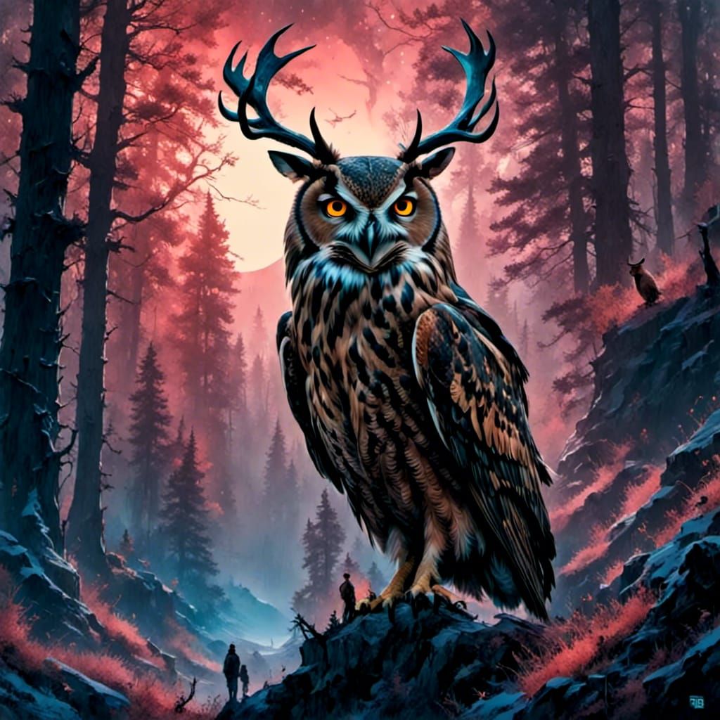 Mystical Owl Elk Hybrid Gazing Up at a Glowing Tree