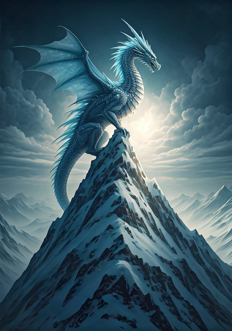 Icy Dragon on Snowy Peak, Art Nouveau Style