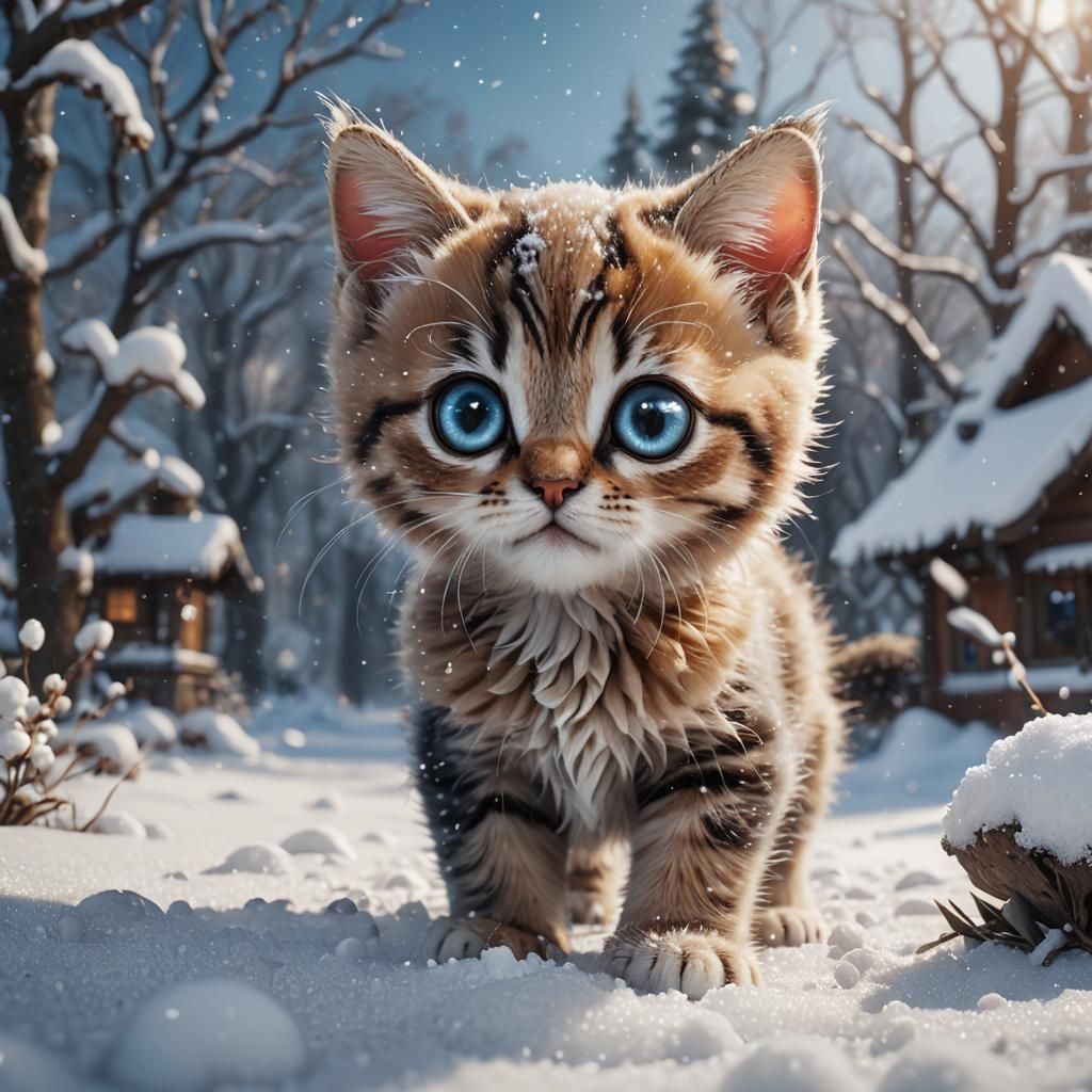 Ethereal Whimsy: Giant-Eyed Kitten Plays in Snowy Wonderland