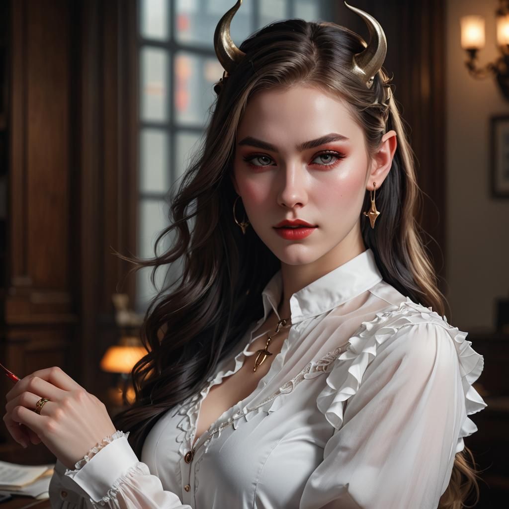 Seductive Demoness with Horns in Elegant Attire