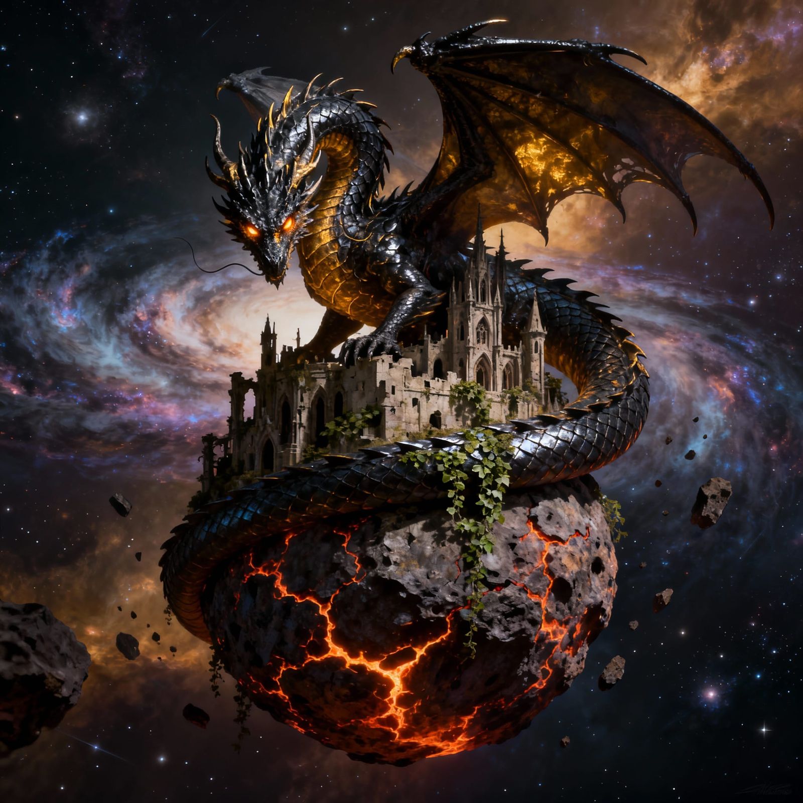 Ancient Obsidian Dragon Coiled Around Gothic Castle on Aster...
