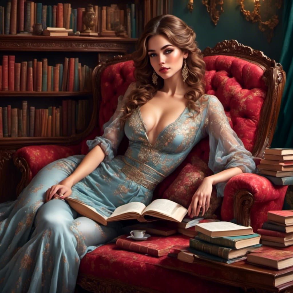 Stunning Library Scene with a Beautiful Woman Relaxing