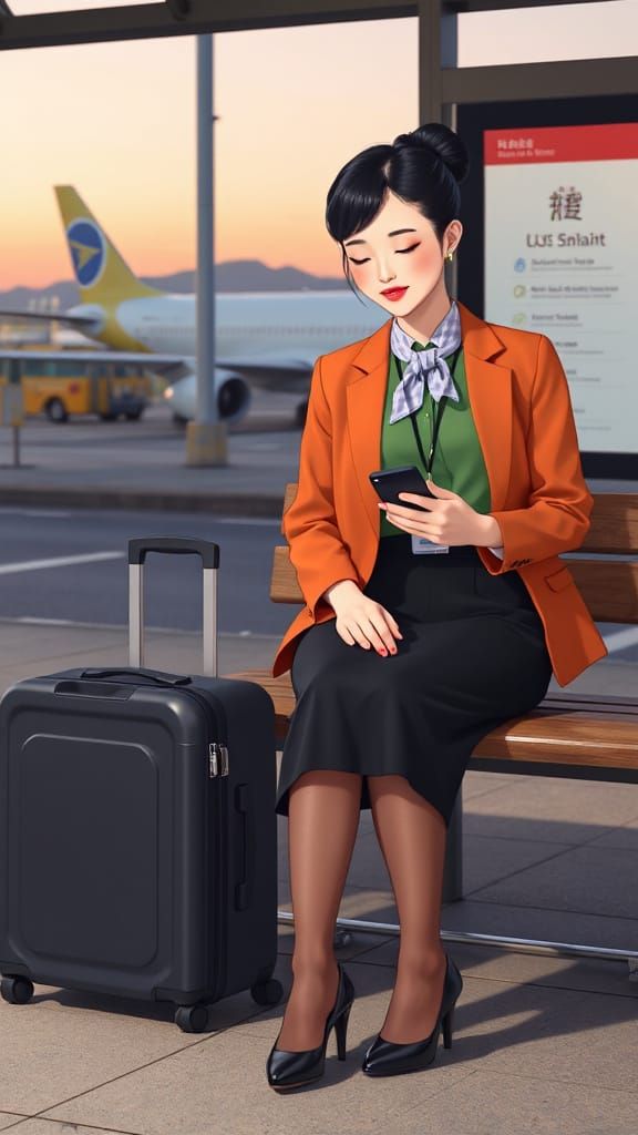 East Asian Flight Attendant in Studio Ghibli Style