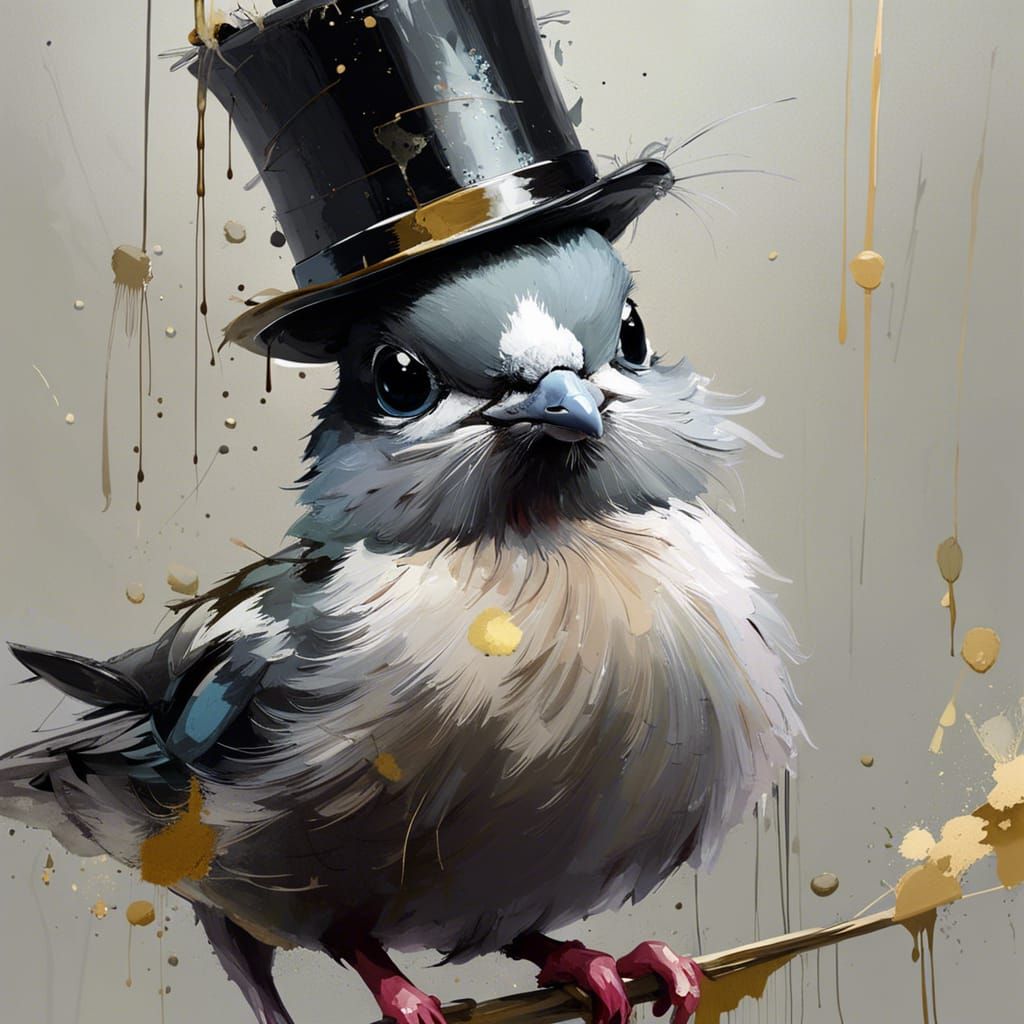 Whimsical Oil Painting of a Dapper Pigeon with Top Hat and S...