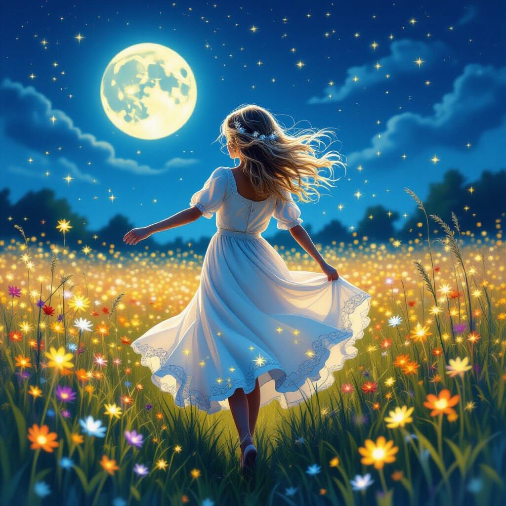 Girl Dancing in Moonlit Meadow With Glowing Flowers