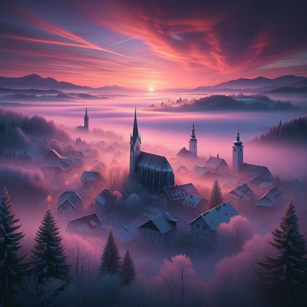 Mystical Sunrise Over Misty Town in Pink and Orange Hues