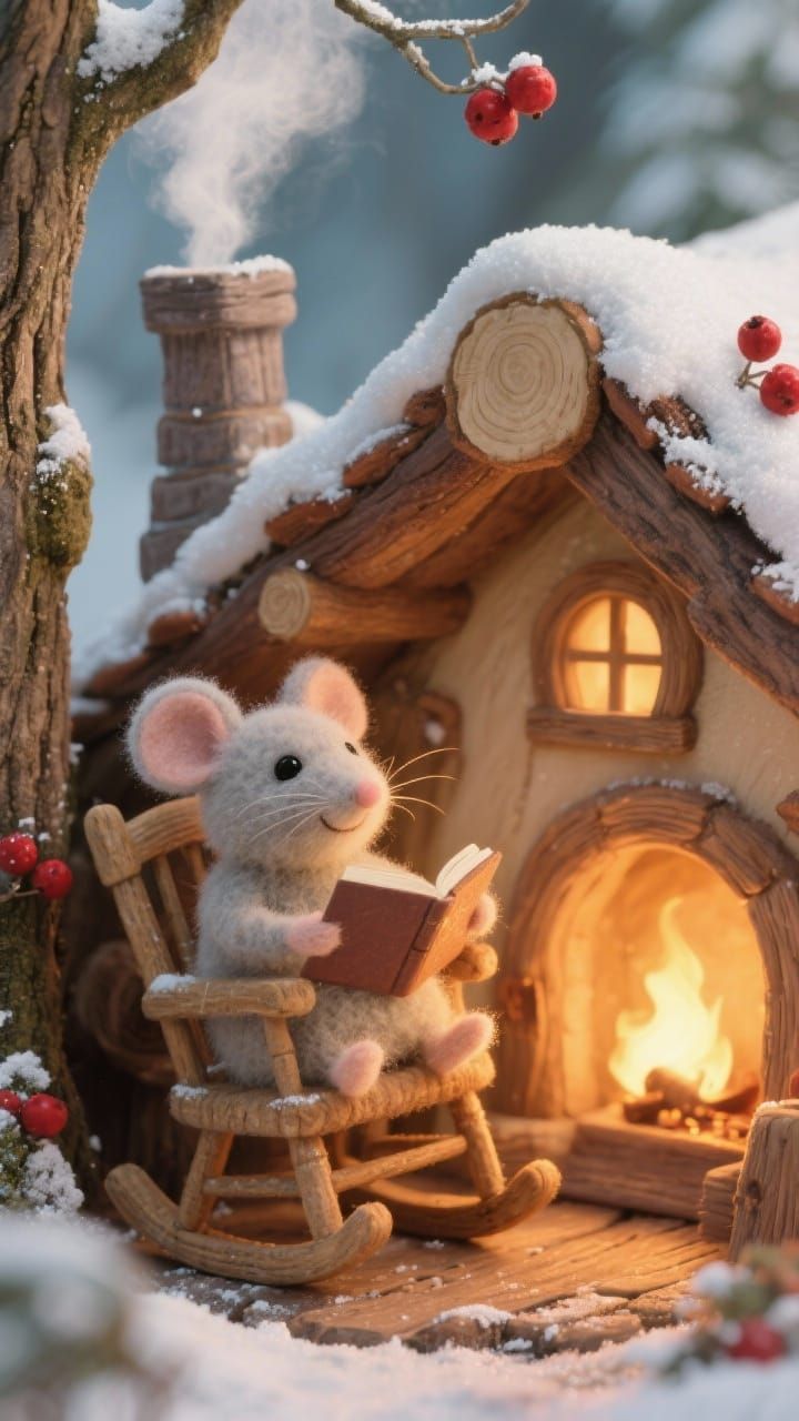 Adorable Felted Mouse in Cozy Log Home