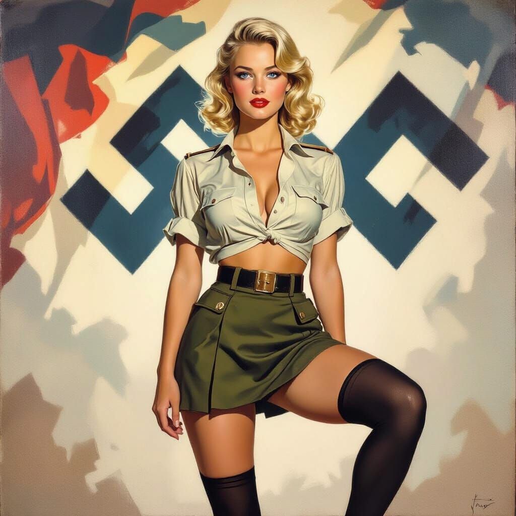 1940s German Soldier Oil Painting with Swastika Flag