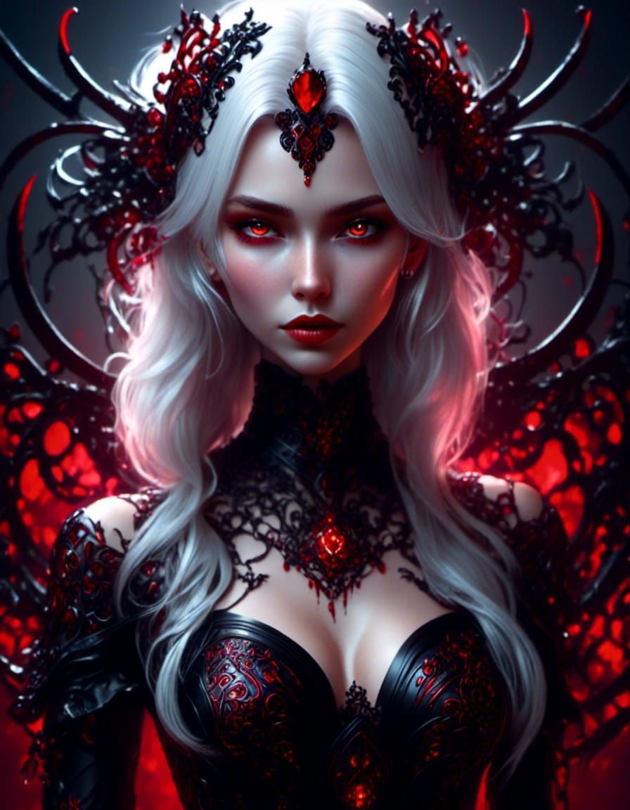 Anime Beautiful Vampire Queen, white hair, red eyes, black and red intricately detailed dress, 8K resolution <lora:Glowi...
