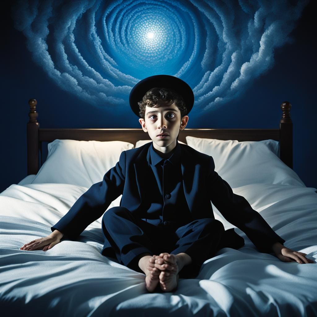 Young Hasidic Boy Lost in Thought in a Fantastical Jerusalem...