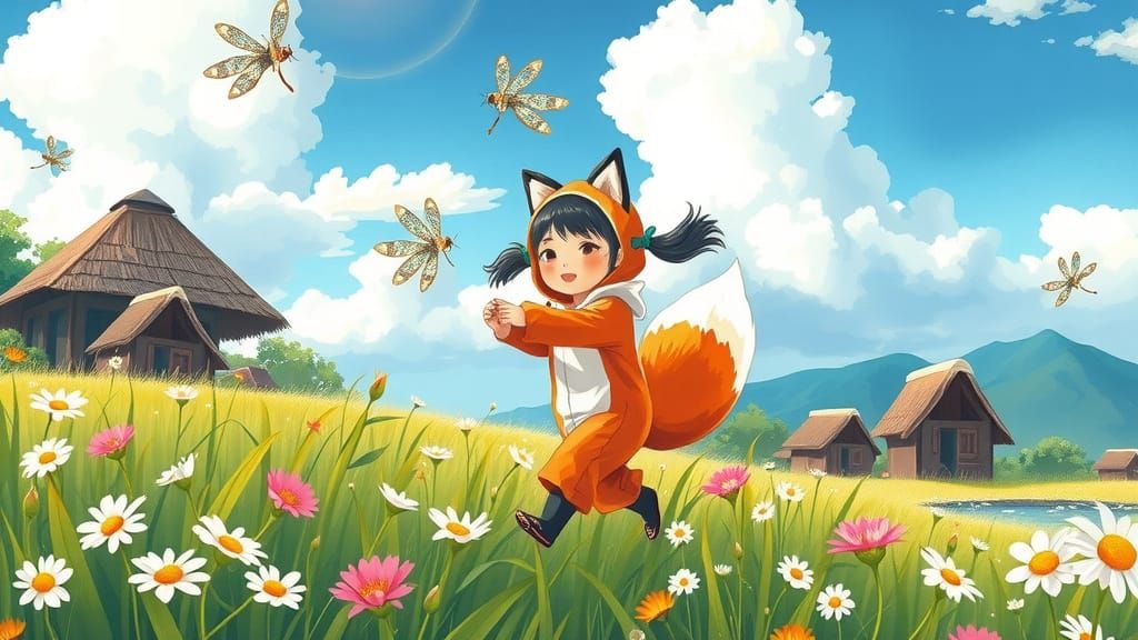 Asian Girl in Vibrant Fox Costume Explores Indonesian Countr...