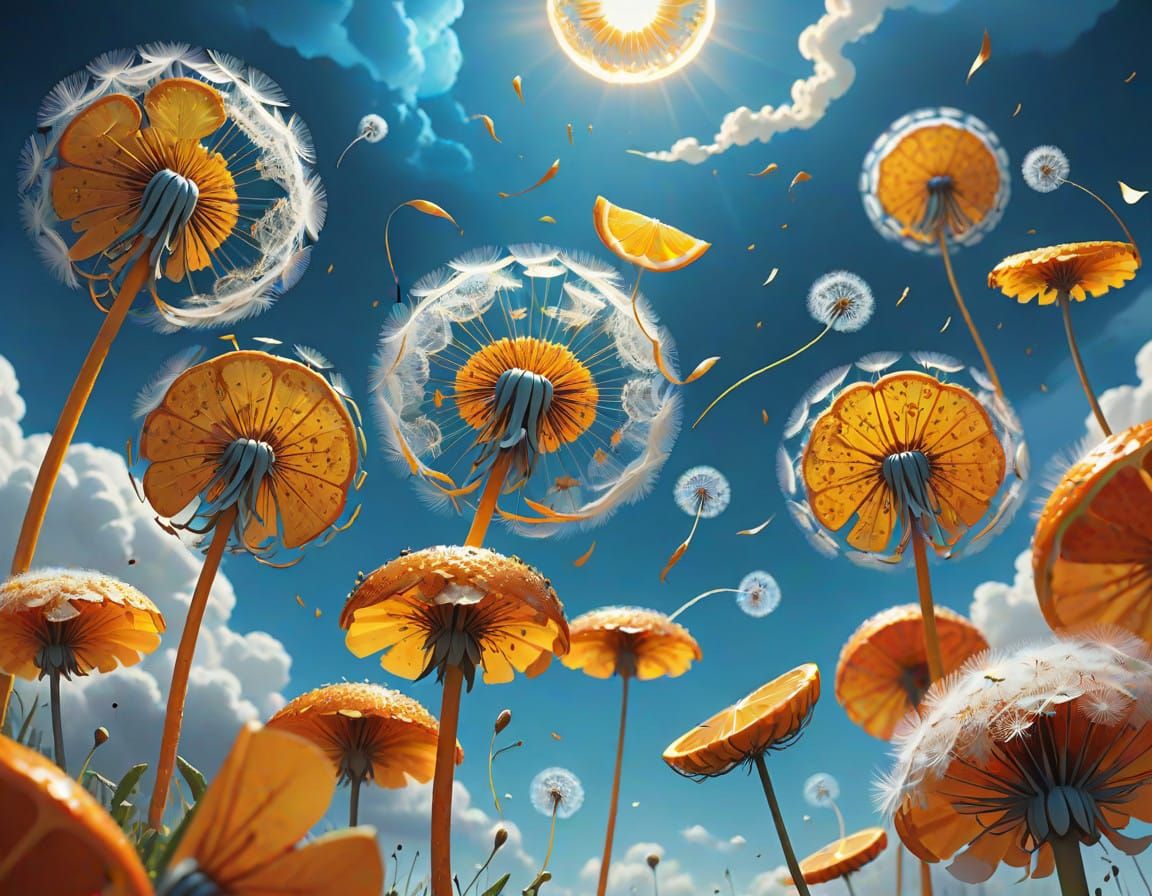 Vibrant Orange Dandelion Blooms in Whimsical Dreamlike Scene