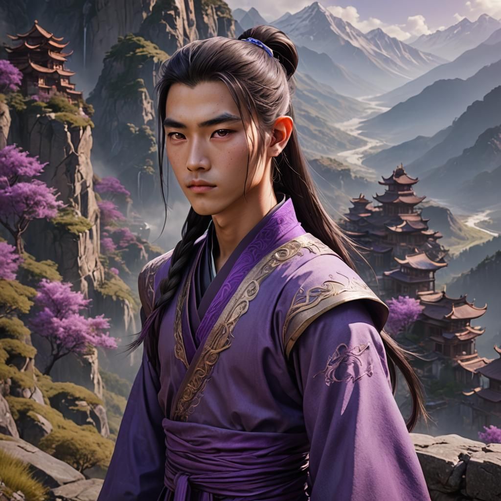 Beautiful 17 year old boy xianxia, purple eyes, long hair in a ponytail, purple clothes. in the mountains