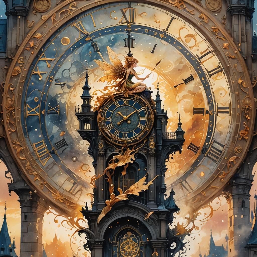 Whimsical Fairy Amidst Intricate Clock Tower in Art Nouveau....