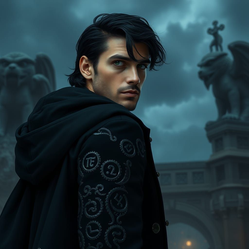 Chiseled Man in Dark Coat with Ancient Runes and Gargoyles a...