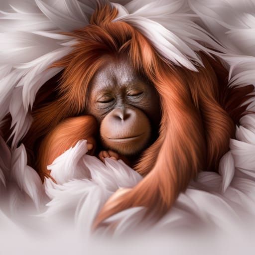 Hyperrealistic Orangutan in Fluffy Feathers