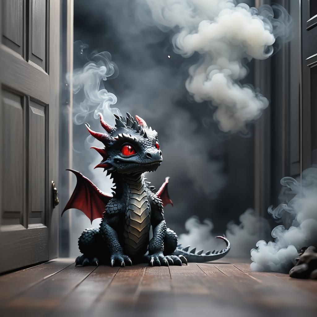 Charming Baby Dragon Surrounded by Smoky Embers