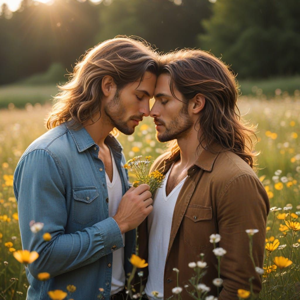 Romantic Meadow Kiss: Serene Men in Golden Light