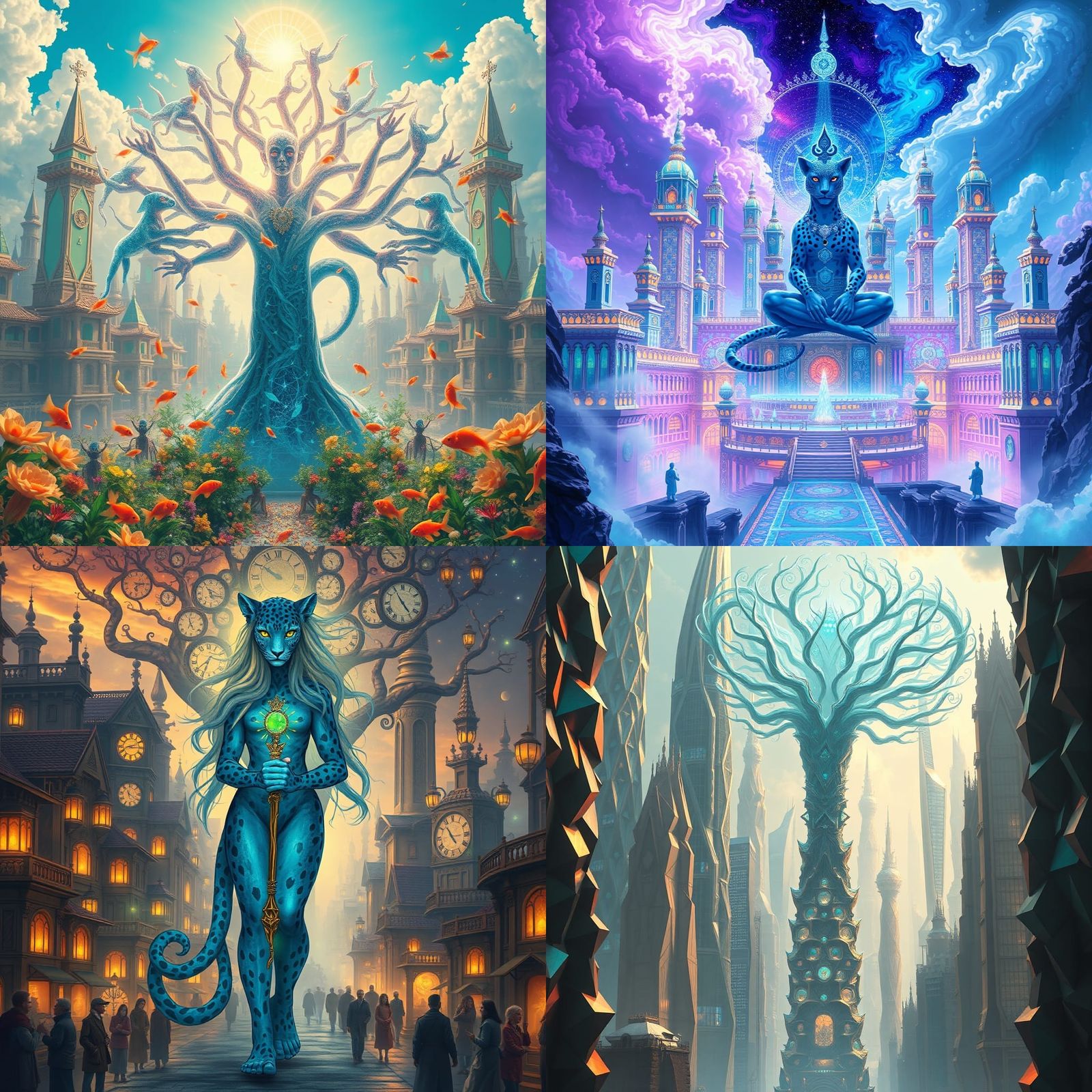 Celestial City of Blue Leopard Gods in Vibrant Dreamscapes