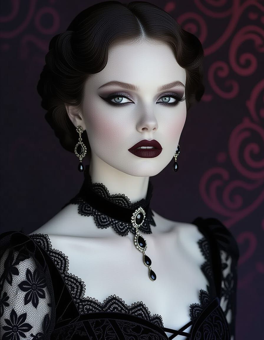 Gothic Dreamscape: Woman in Black Lace Gown