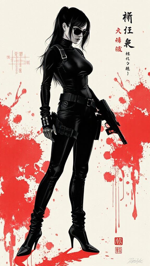 Spy Silhouette in Sumi-e Style with Red Accents