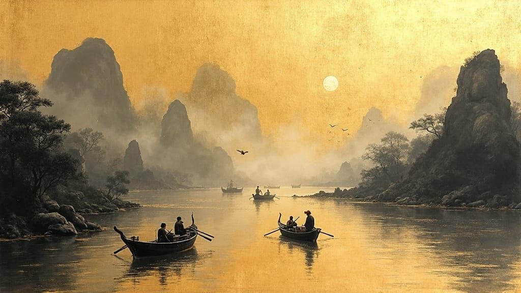 Vibrant Chinese Boats Sail Across Golden Water