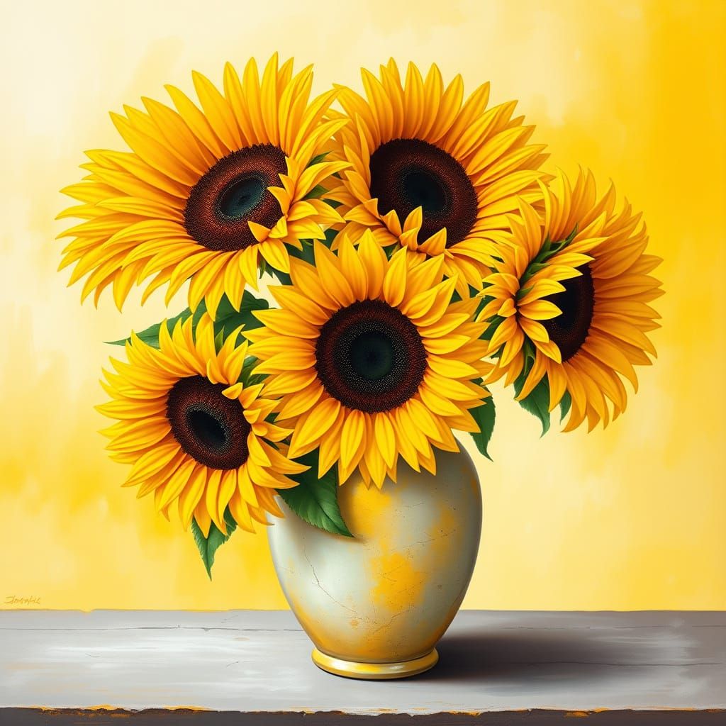 Vibrant Sunflowers in Antique Vase, Gouache Art