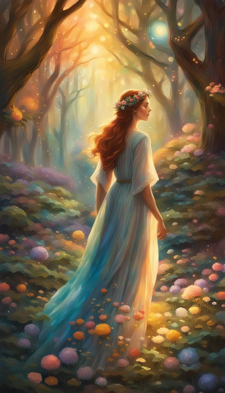 Ethereal Lady Walks Through a Vibrant, Enchanted Forest