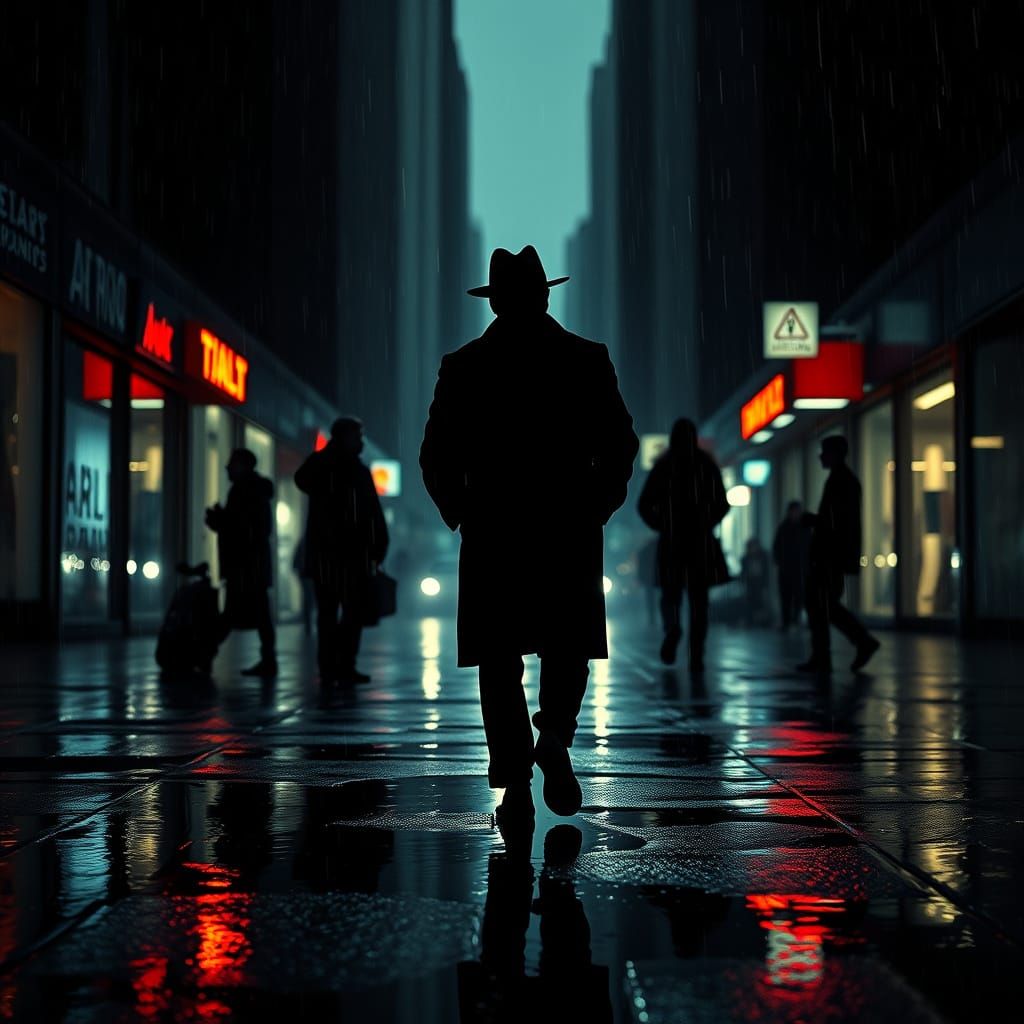 A lone figure navigates a rainy city street in Film Noir Sty...