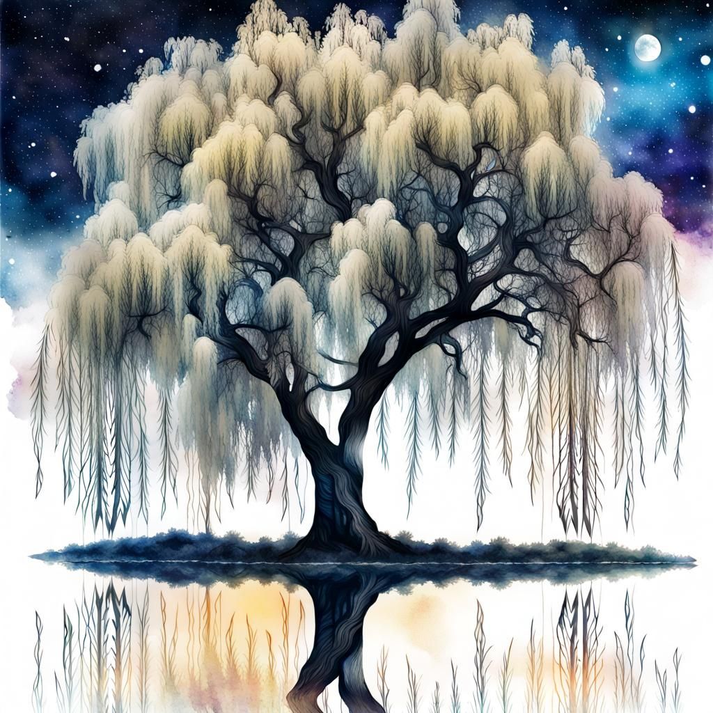 Dreamy Willow Tree in Ethereal Night Sky
