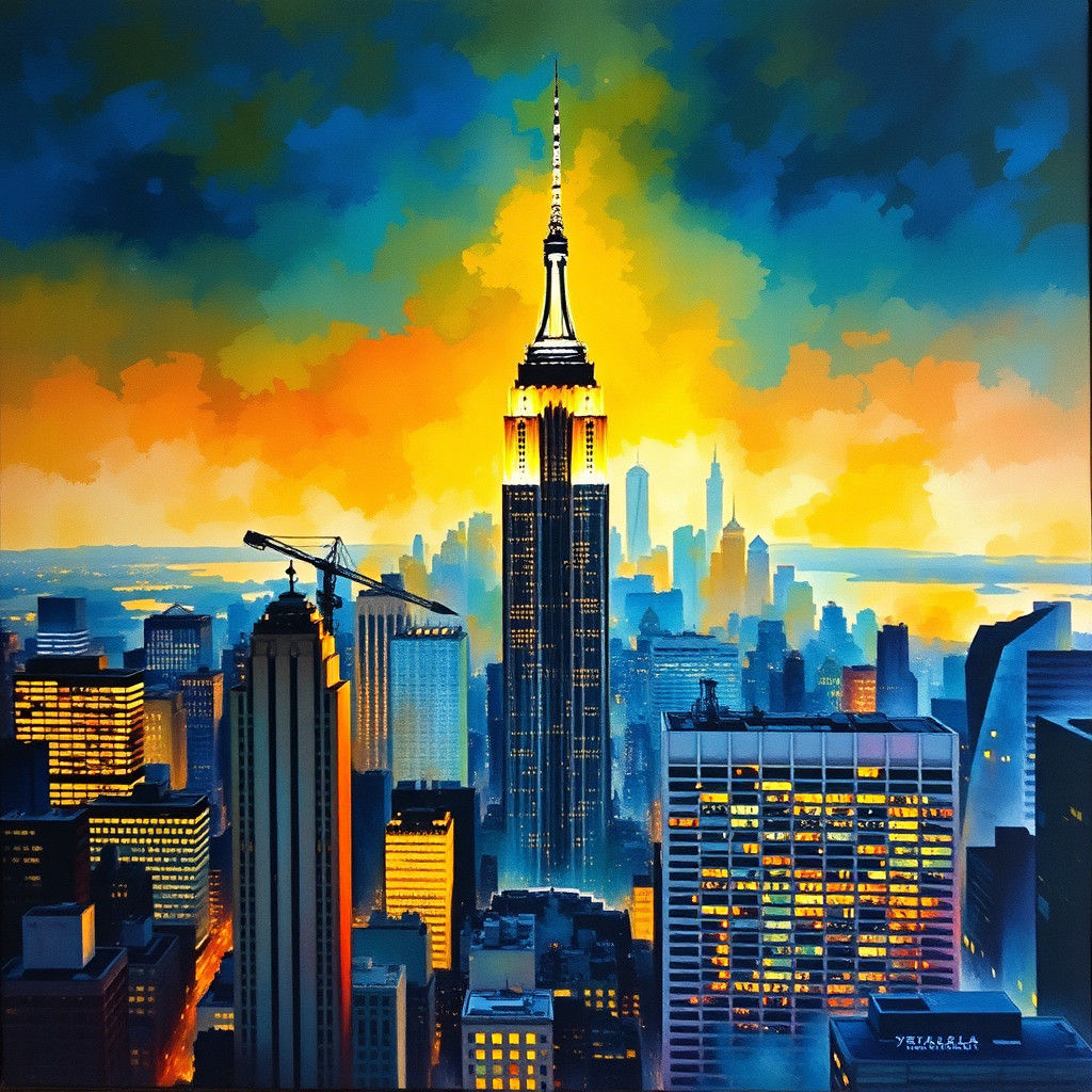 Empire State Building Skyline at Night, Watercolor Style