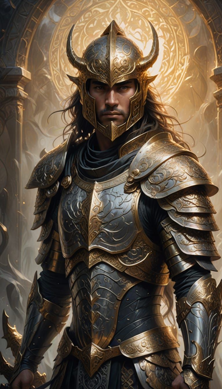 Monochromatic Armored Figure in Ethereal Mist