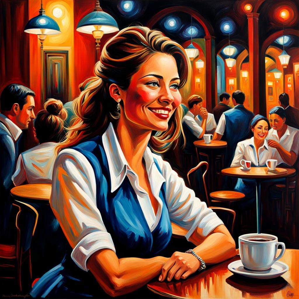 Tired but Smiling Café Waitress in Vibrant Acrylic Art