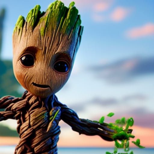 Surreal Beach Scene Featuring Baby Groot in Hyperrealistic D...