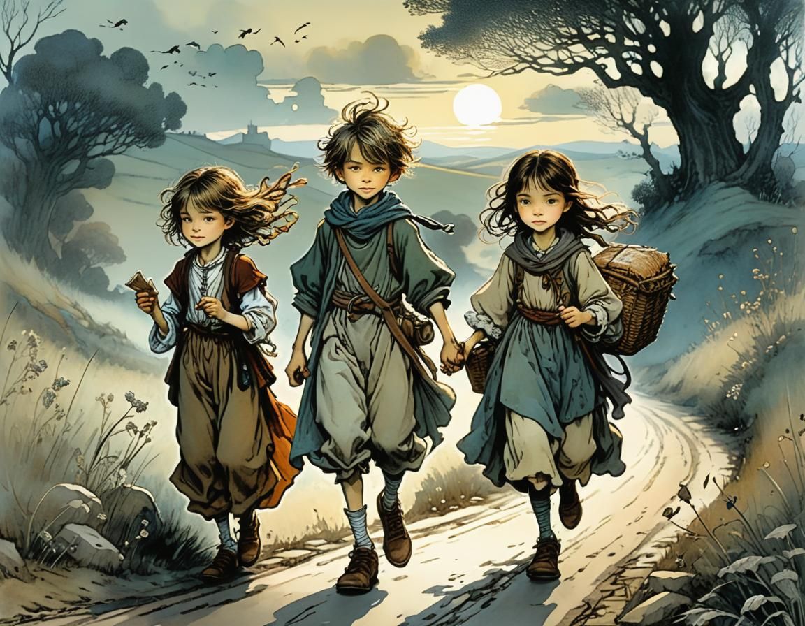 Cute Siblings Journey on Country Road at Dusk