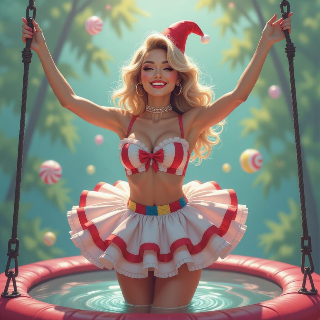 Clown Woman on Trampoline in Candy Art Style