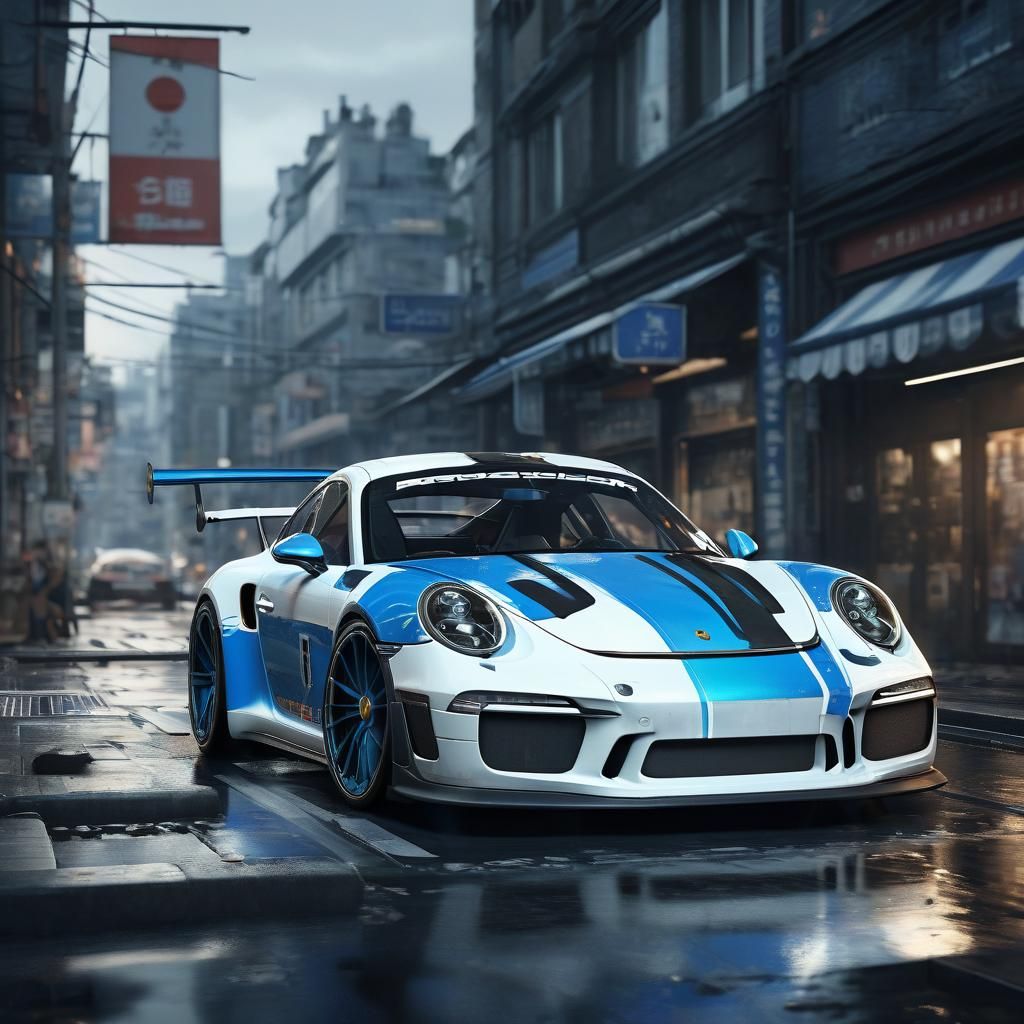 Hyperrealistic 3D Anime Porsche in Vibrant Blue and White