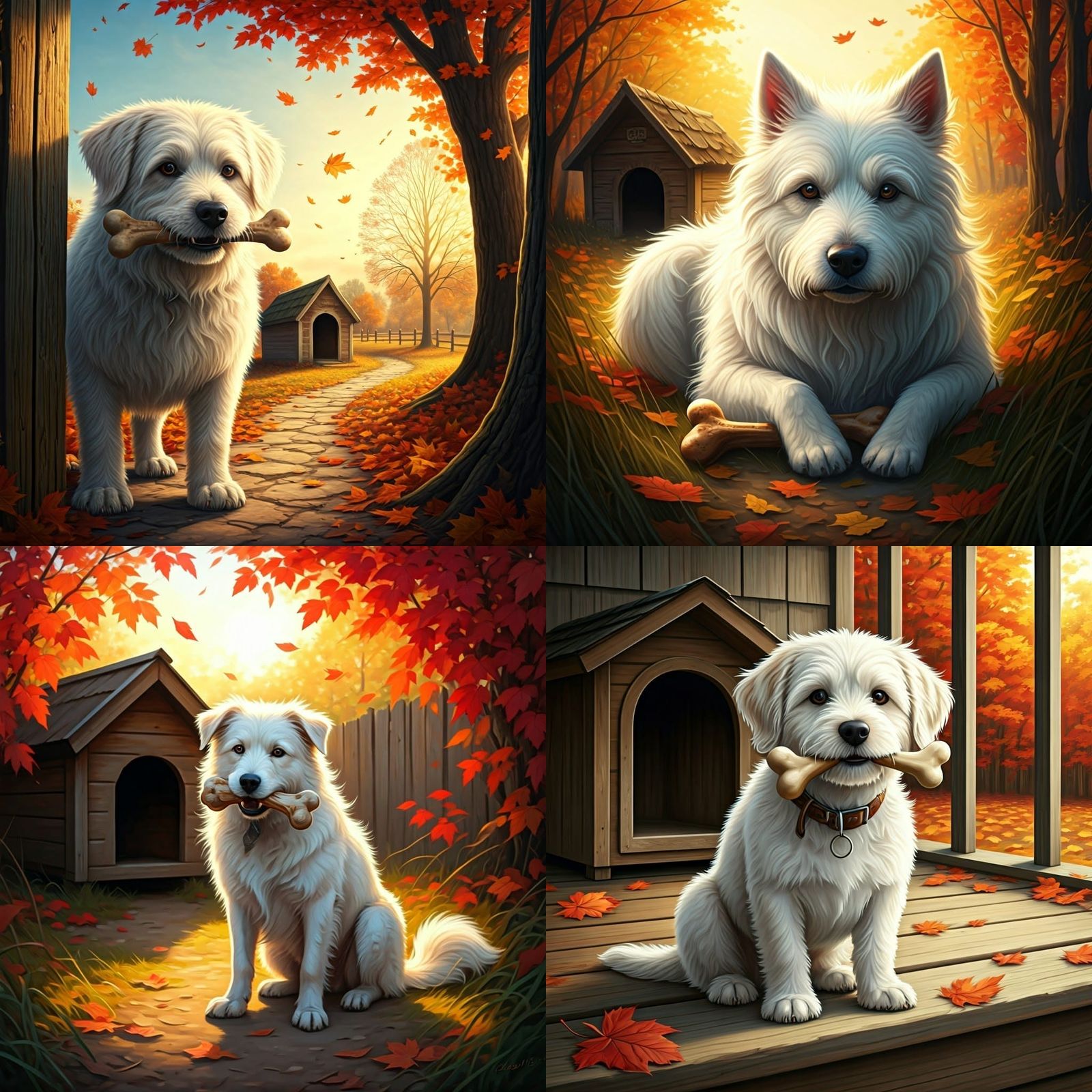 Warm Autumn Scene with Happy White Dog