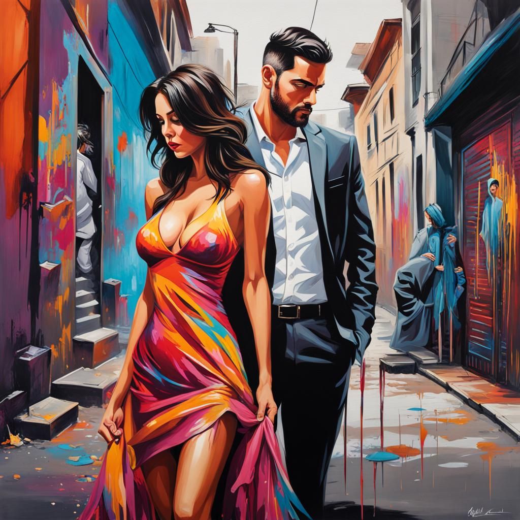 Elegant Brunette in Vibrant Street Art