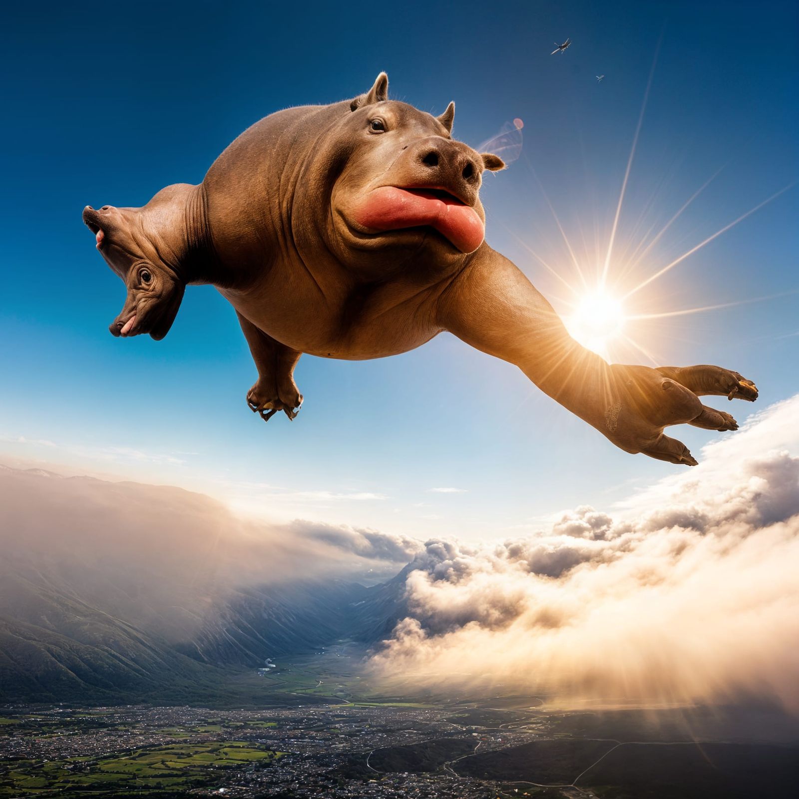 A hippopotamus skydiving epic sunbeam, 8k,