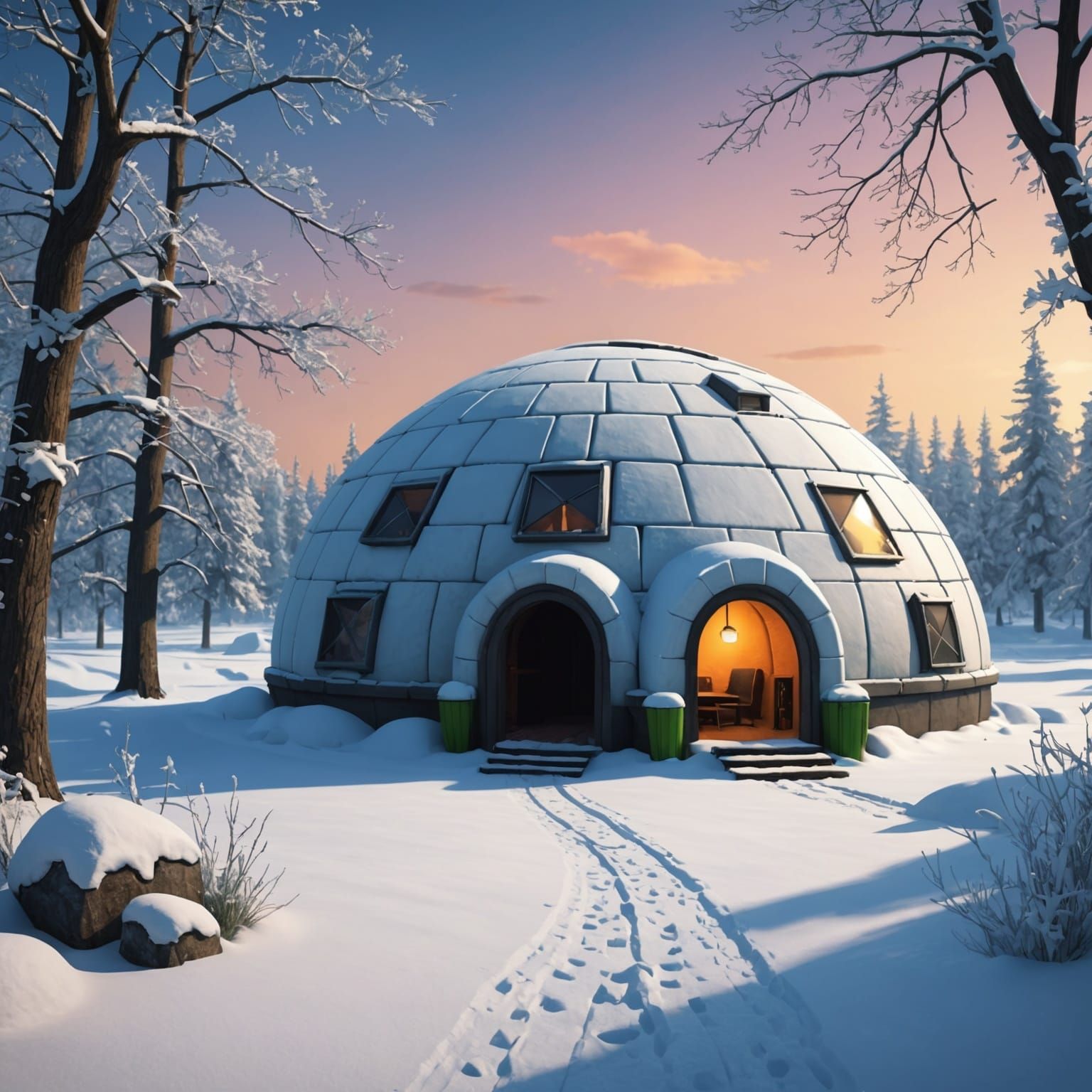 Surreal Arctic Village Scene with a Mysterious Figure