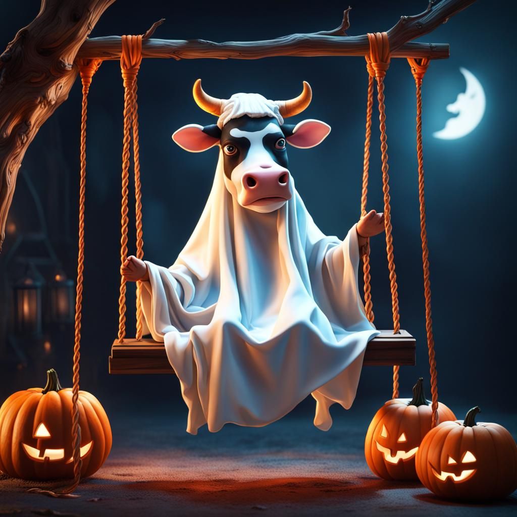 Cow in a White Sheet Ghost Costume Sits in a Halloween Swing