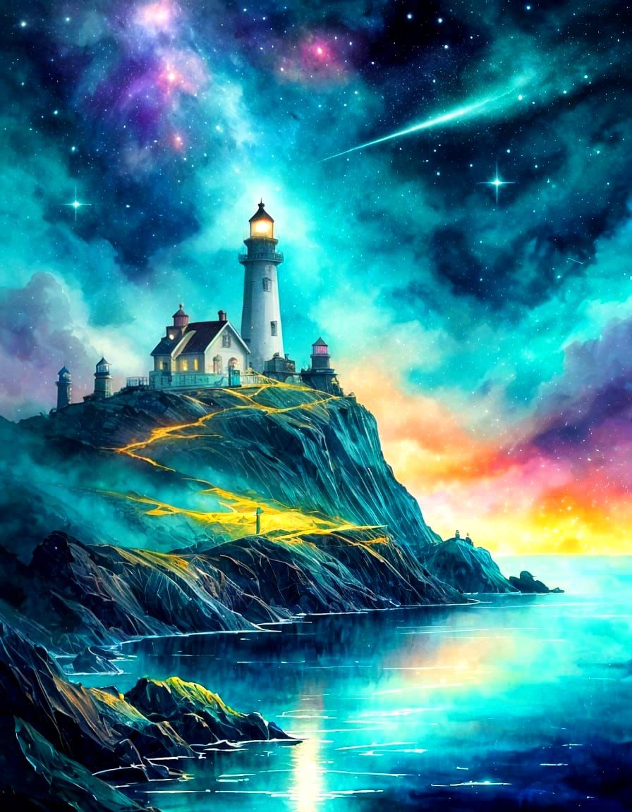 Lighthouse Under Midnight Nebula Starfield Watercolor