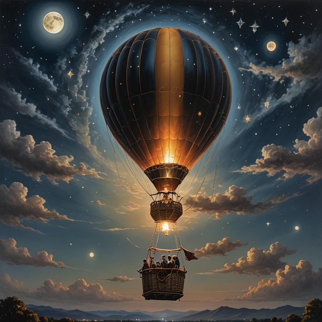 Serene Nighttime Hot Air Balloon Scene in Realistic Oil Pain...