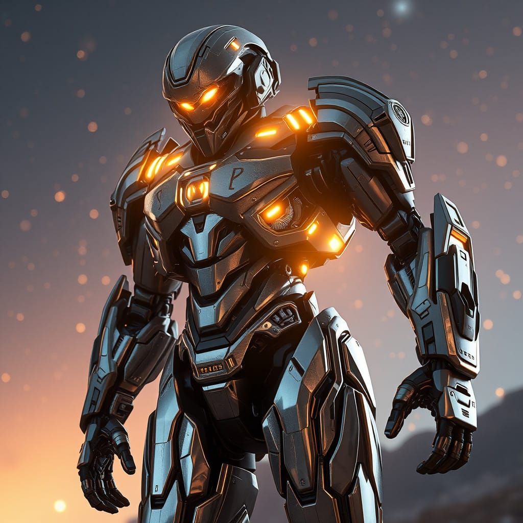 Cybernetic Exosuit in Epic Sci-Fi Setting