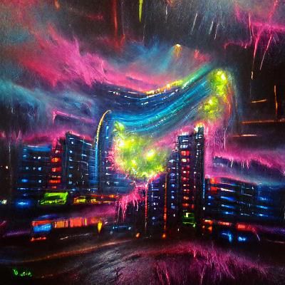 Cyberpunk Cityscape Illuminated by a Vibrant Nebula at Night