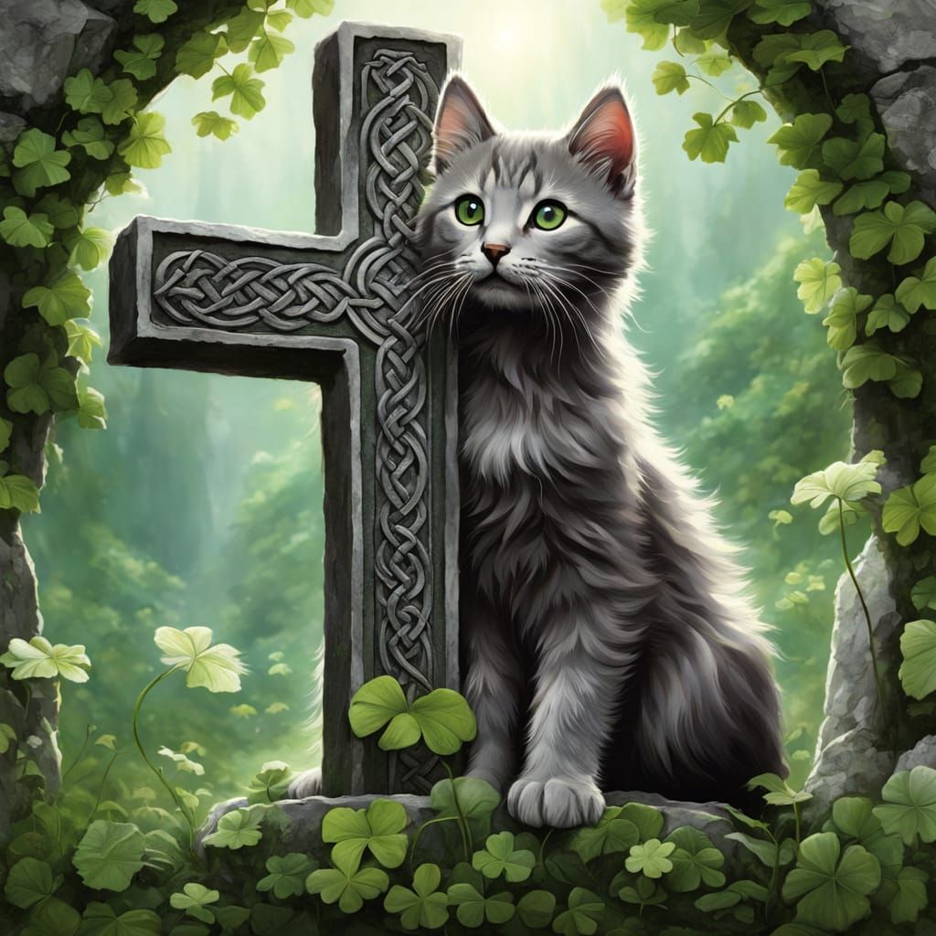 Mystical Gray Kitten Beside Celtic Cross